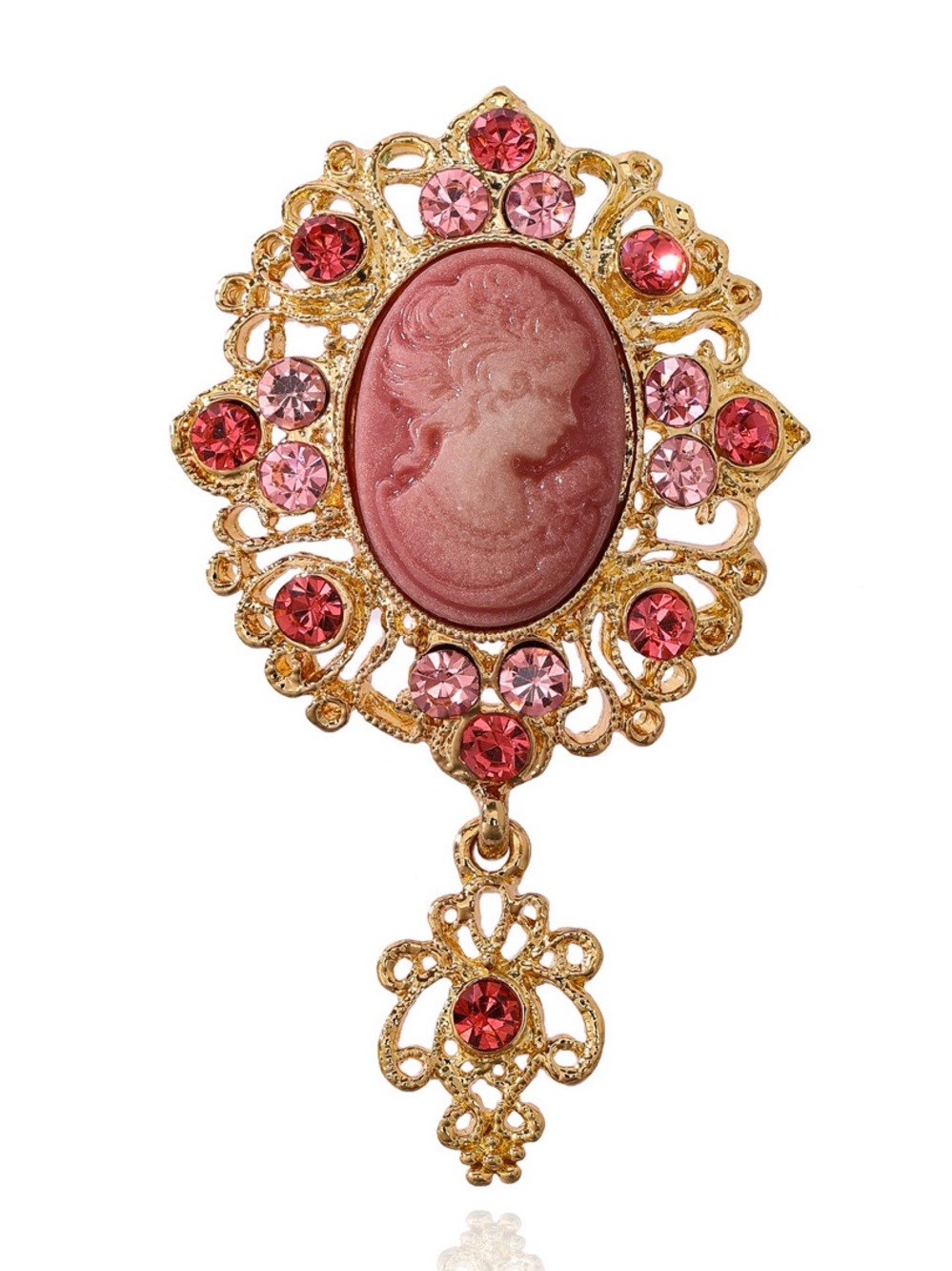 Vintage Style Pink Cameo Brooch Pin – Victorian Lady Portrait Rhinestone.